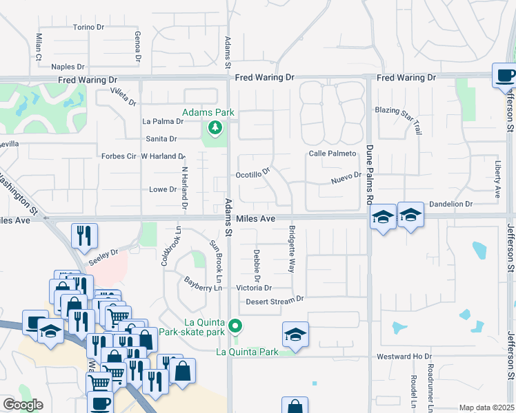 map of restaurants, bars, coffee shops, grocery stores, and more near 44930 Tortola Circle in La Quinta