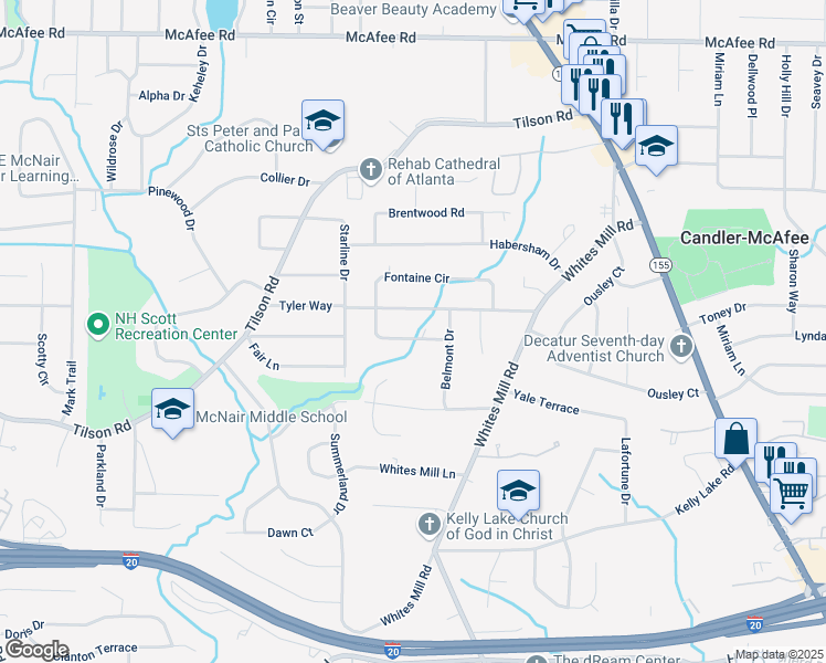 map of restaurants, bars, coffee shops, grocery stores, and more near 2365 Fontaine Circle in Decatur