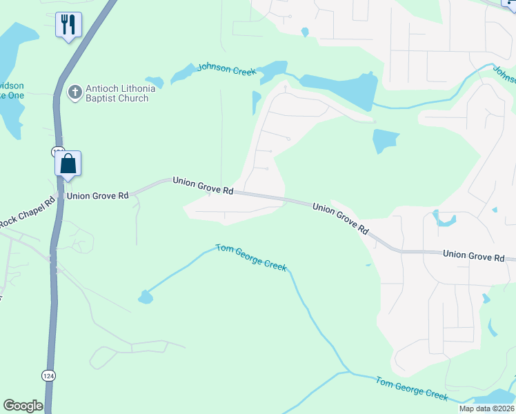 map of restaurants, bars, coffee shops, grocery stores, and more near 7518 Union Grove Road in Lithonia