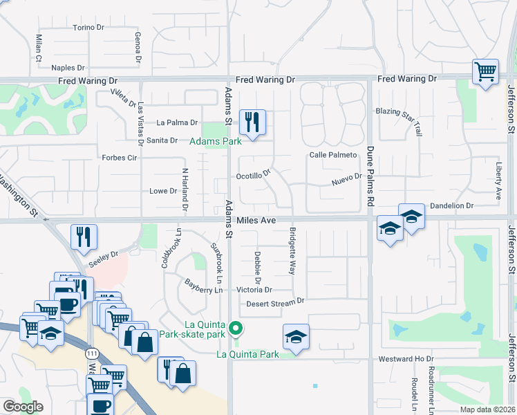 map of restaurants, bars, coffee shops, grocery stores, and more near 44930 Tortola Circle in La Quinta