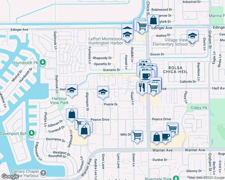 map of restaurants, bars, coffee shops, grocery stores, and more near 16501 Caballero Lane in Huntington Beach