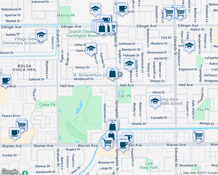 map of restaurants, bars, coffee shops, grocery stores, and more near 5911 Langport Circle in Huntington Beach