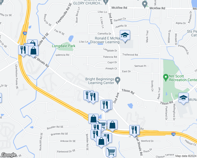 map of restaurants, bars, coffee shops, grocery stores, and more near 2008 Shawn Wayne Circle Southeast in Atlanta