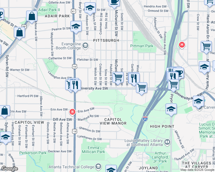 map of restaurants, bars, coffee shops, grocery stores, and more near 1171 Sims Street Southwest in Atlanta