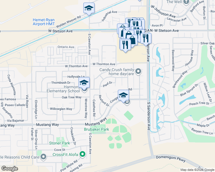 map of restaurants, bars, coffee shops, grocery stores, and more near 4003 Paul Drive in Hemet