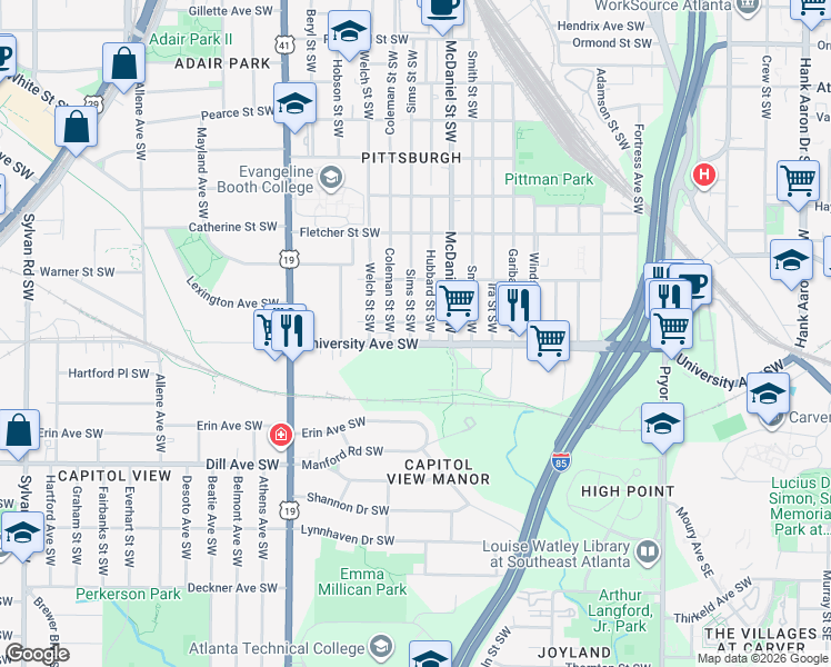 map of restaurants, bars, coffee shops, grocery stores, and more near 1171 Sims Street Southwest in Atlanta