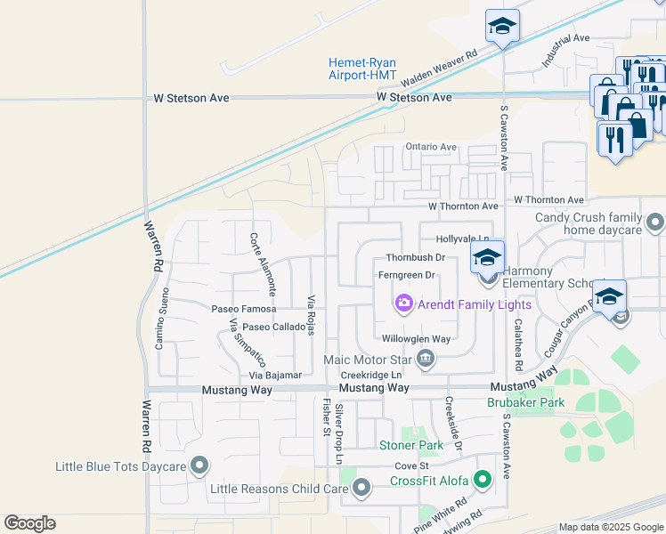 map of restaurants, bars, coffee shops, grocery stores, and more near 1399 Fisher Street in Hemet