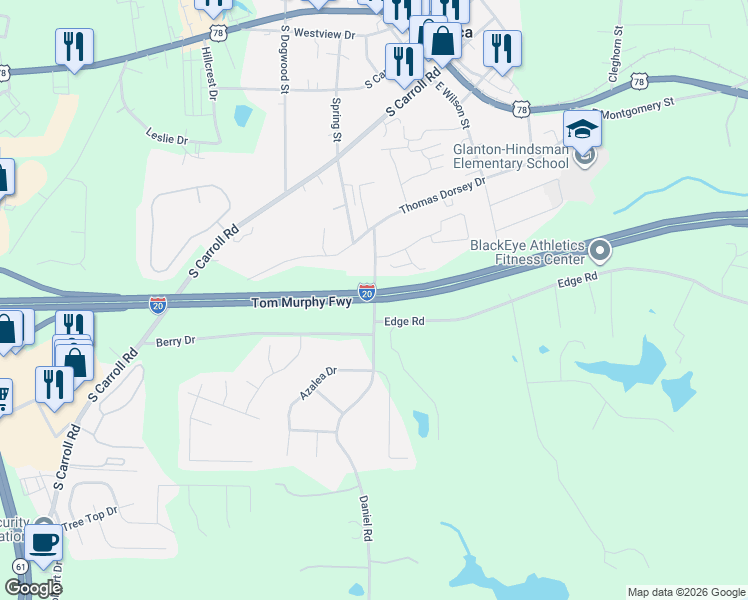 map of restaurants, bars, coffee shops, grocery stores, and more near 57 Daniel Road in Villa Rica