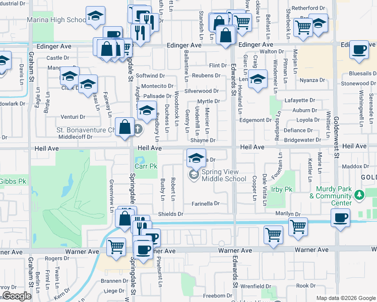 map of restaurants, bars, coffee shops, grocery stores, and more near 6262 Heil Avenue in Huntington Beach