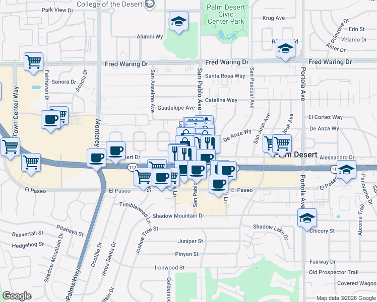 map of restaurants, bars, coffee shops, grocery stores, and more near 44830 Las Palmas Avenue in Palm Desert