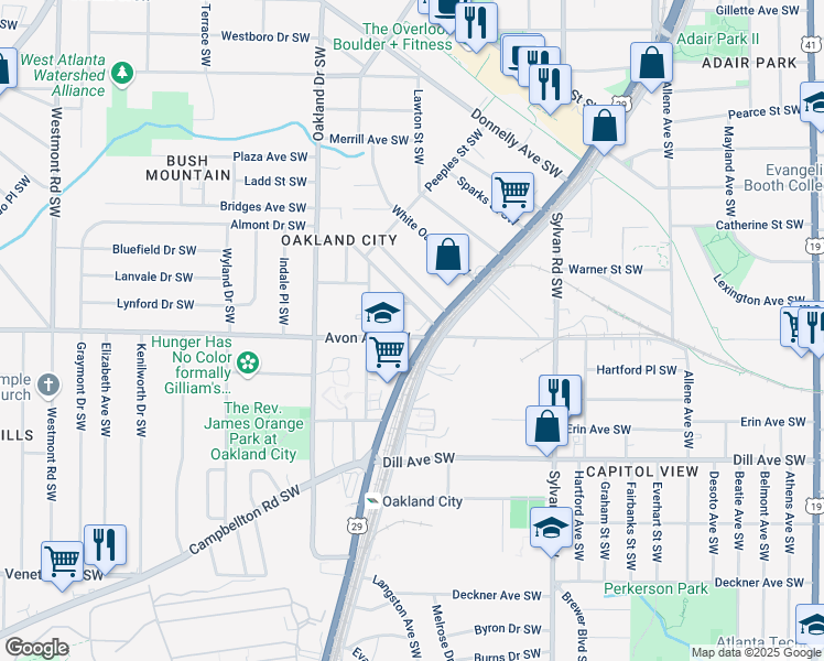 map of restaurants, bars, coffee shops, grocery stores, and more near 1089 Avon Avenue Southwest in Atlanta