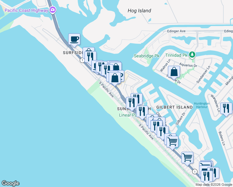 map of restaurants, bars, coffee shops, grocery stores, and more near 16512 23rd St in Huntington Beach
