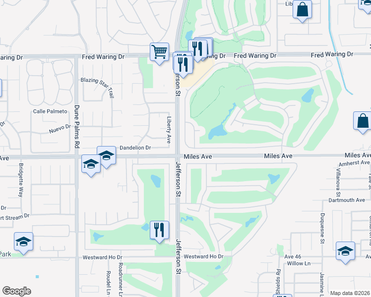 map of restaurants, bars, coffee shops, grocery stores, and more near 44114 Royal Troon Drive in Indio