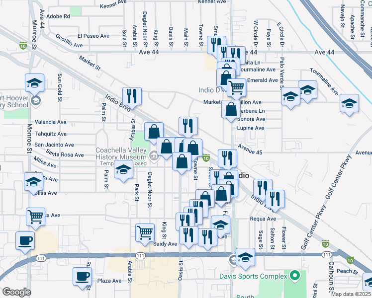 map of restaurants, bars, coffee shops, grocery stores, and more near 82720 Indio Boulevard in Indio