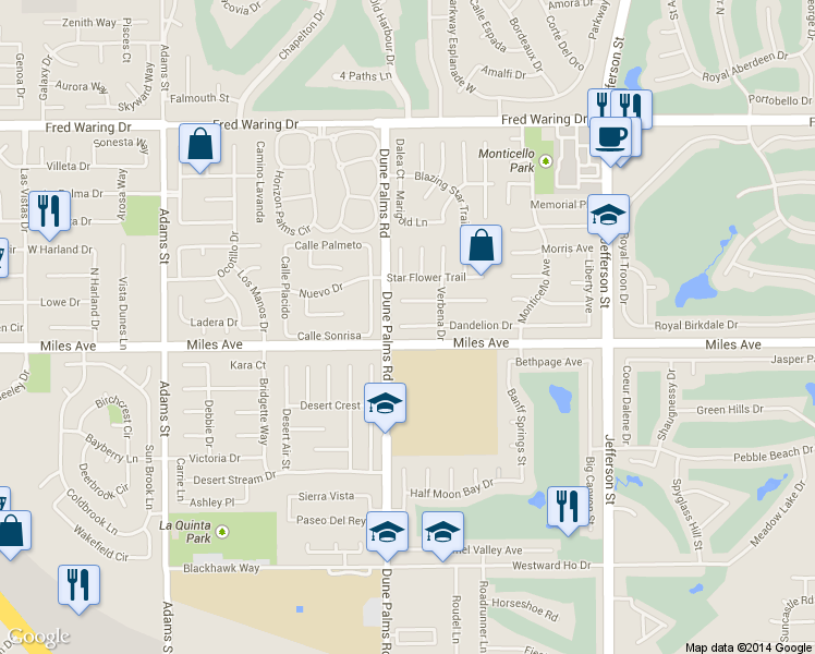 map of restaurants, bars, coffee shops, grocery stores, and more near 79524 Dandelion Drive in La Quinta