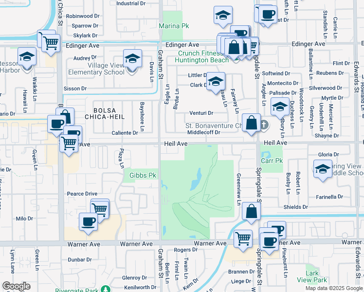 map of restaurants, bars, coffee shops, grocery stores, and more near 5631 Heil Avenue in Huntington Beach