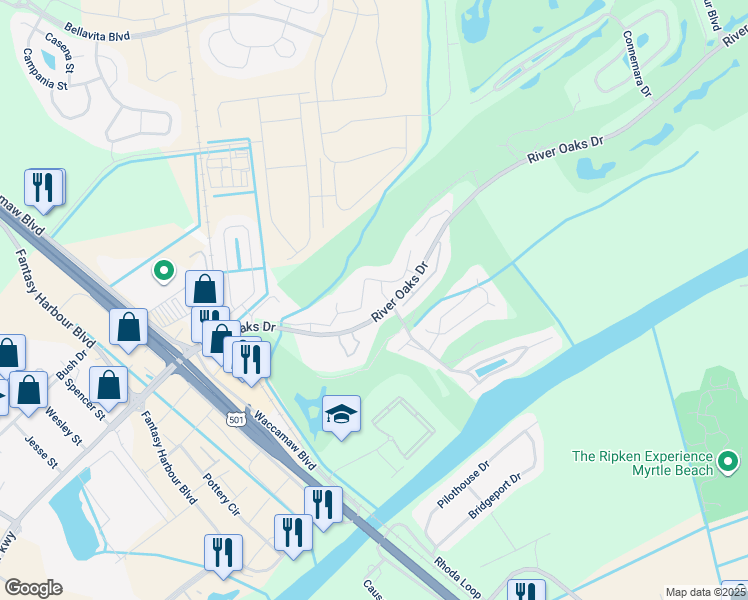 map of restaurants, bars, coffee shops, grocery stores, and more near 20 White River Drive in Myrtle Beach