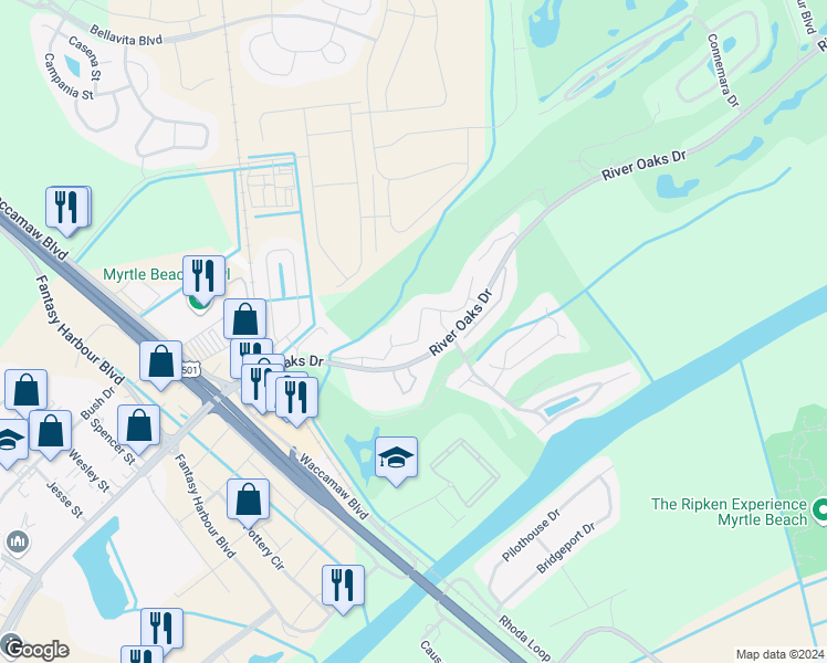 map of restaurants, bars, coffee shops, grocery stores, and more near 20 White River Drive in Myrtle Beach