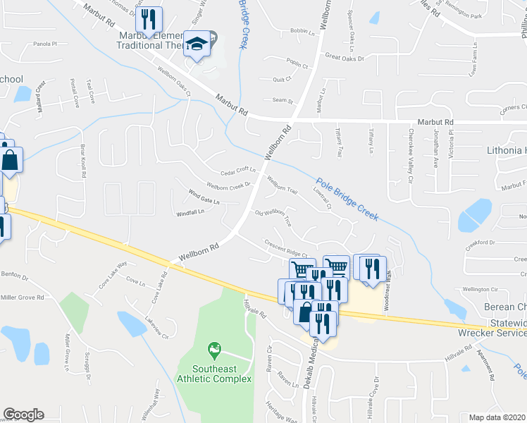 map of restaurants, bars, coffee shops, grocery stores, and more near 2232 Hightrail Court in Lithonia
