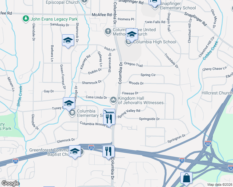 map of restaurants, bars, coffee shops, grocery stores, and more near 2257 Columbia Drive in Decatur