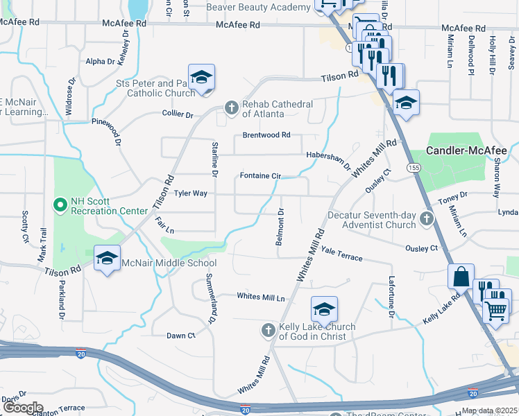 map of restaurants, bars, coffee shops, grocery stores, and more near 2365 Fontaine Circle in Decatur