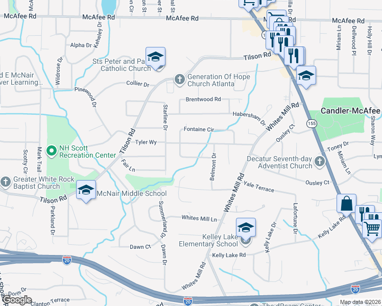 map of restaurants, bars, coffee shops, grocery stores, and more near 2497 Tyler Way in Decatur