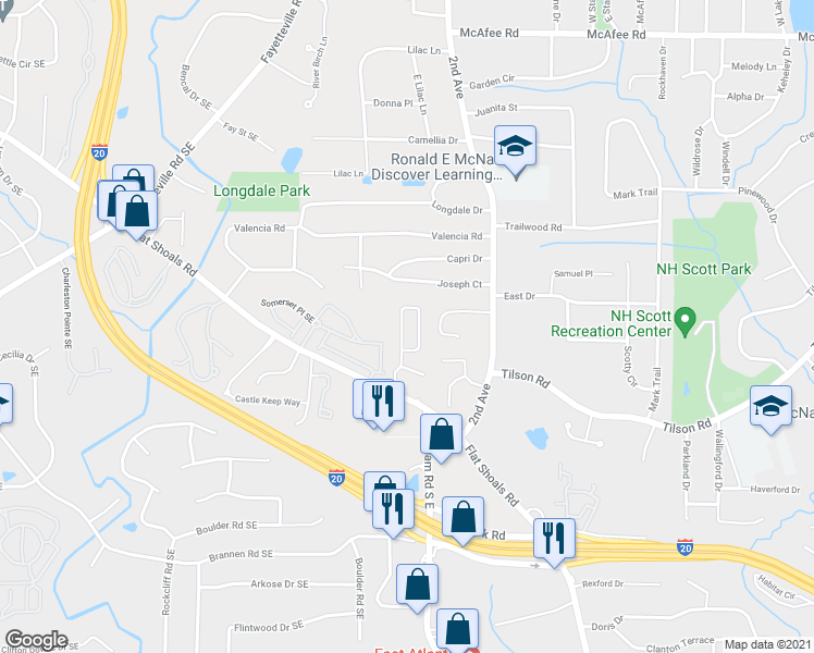 map of restaurants, bars, coffee shops, grocery stores, and more near 2008 Shawn Wayne Circle Southeast in Atlanta
