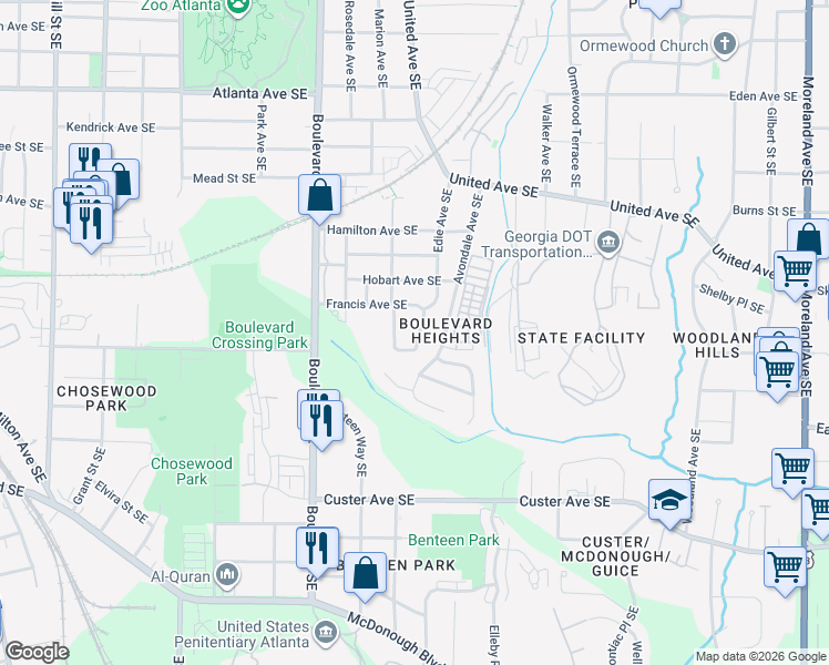 map of restaurants, bars, coffee shops, grocery stores, and more near 1187 Edie Avenue Southeast in Atlanta