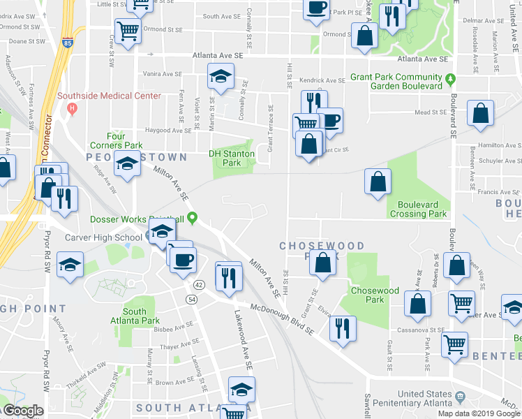 map of restaurants, bars, coffee shops, grocery stores, and more near 1195 Milton Terrace Southeast in Atlanta