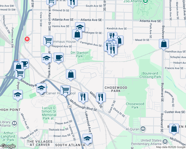 map of restaurants, bars, coffee shops, grocery stores, and more near 1195 Milton Terrace Southeast in Atlanta