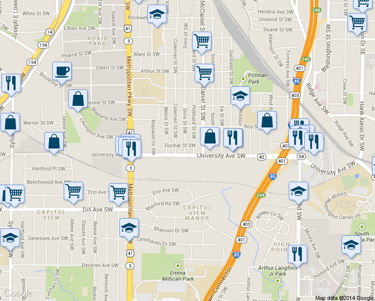 map of restaurants, bars, coffee shops, grocery stores, and more near 1171 Sims Street Southwest in Atlanta