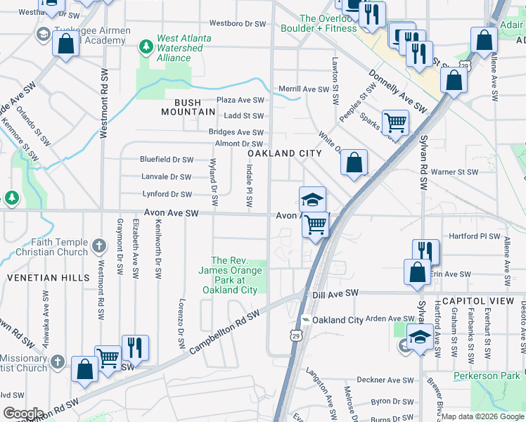 map of restaurants, bars, coffee shops, grocery stores, and more near 1167 Oakland Drive Southwest in Atlanta