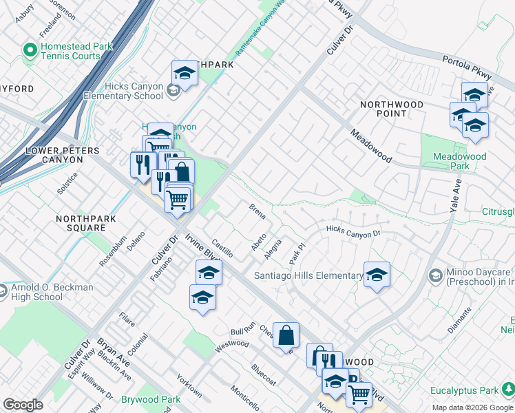 map of restaurants, bars, coffee shops, grocery stores, and more near 20 Brena in Irvine