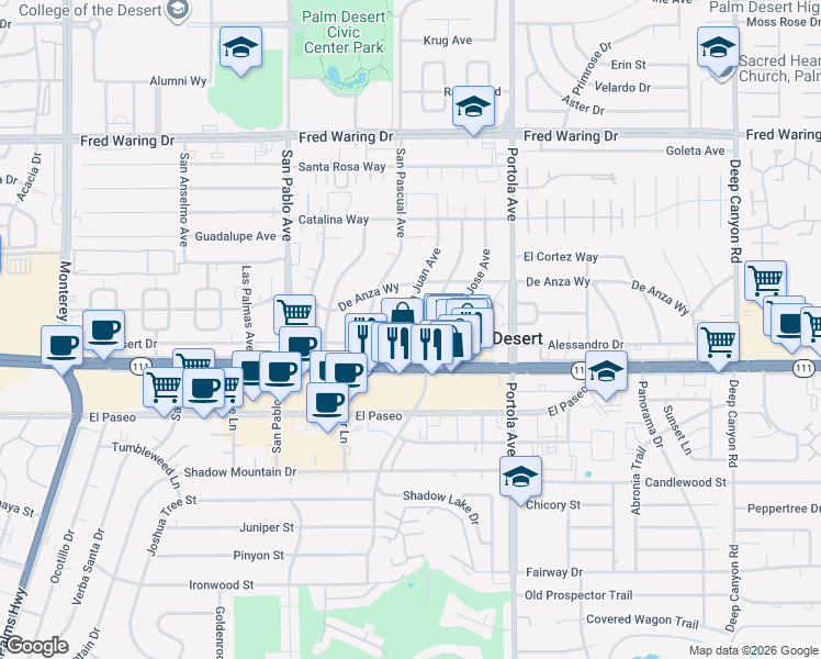 map of restaurants, bars, coffee shops, grocery stores, and more near 44858 San Juan Avenue in Palm Desert