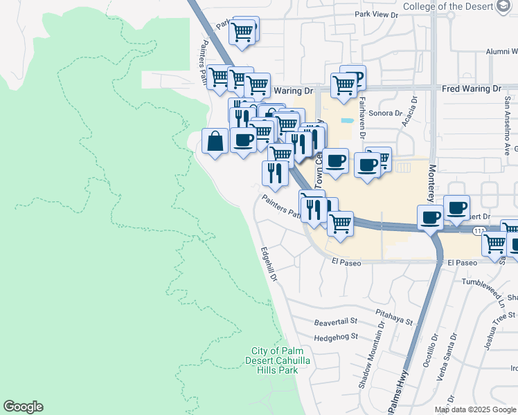 map of restaurants, bars, coffee shops, grocery stores, and more near 2 Palm Desert Drive North in Palm Desert
