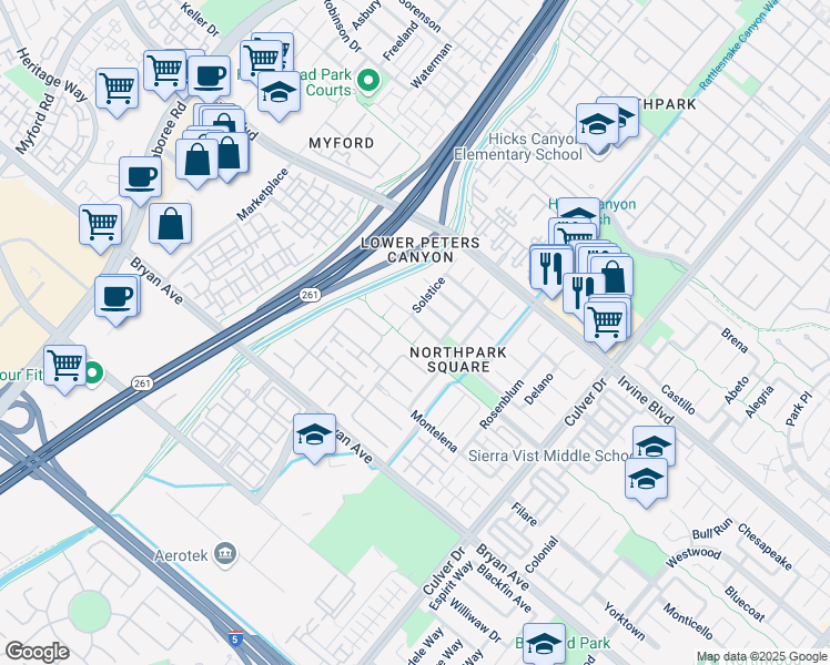 map of restaurants, bars, coffee shops, grocery stores, and more near 55 Pacific Crest in Irvine