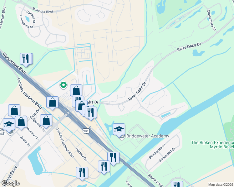 map of restaurants, bars, coffee shops, grocery stores, and more near 497 White River Drive in Myrtle Beach