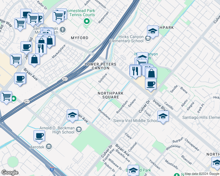 map of restaurants, bars, coffee shops, grocery stores, and more near 32 Capistrano in Irvine