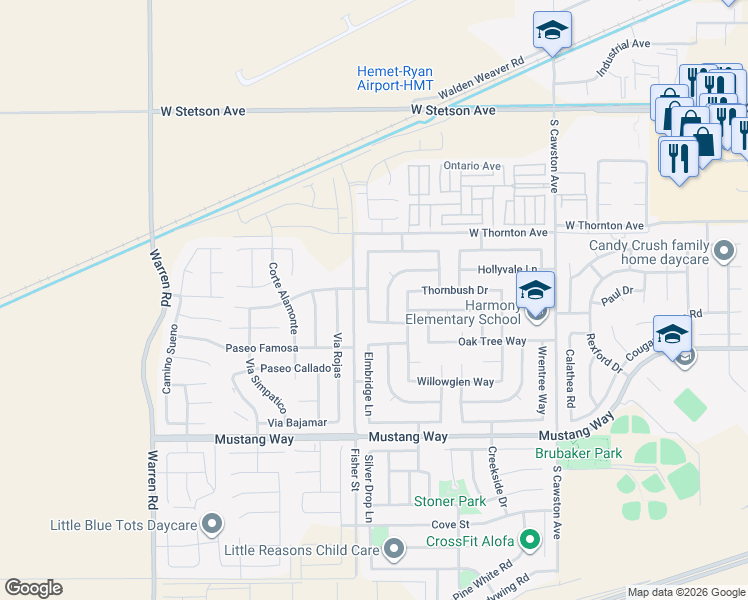 map of restaurants, bars, coffee shops, grocery stores, and more near 1452 Hummingbird Way in Hemet