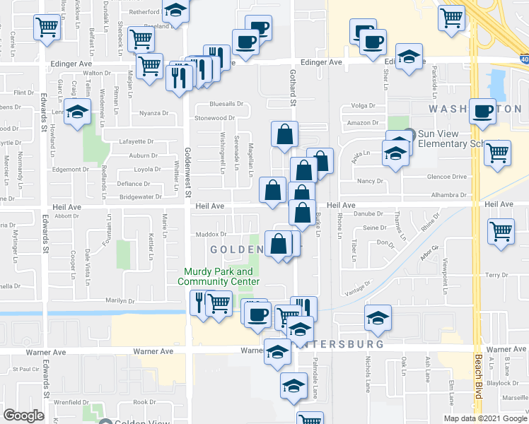 map of restaurants, bars, coffee shops, grocery stores, and more near 7236 Heil Avenue in Huntington Beach