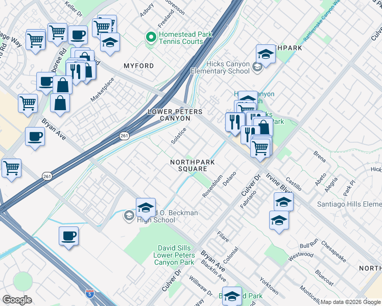 map of restaurants, bars, coffee shops, grocery stores, and more near 32 Capistrano in Irvine