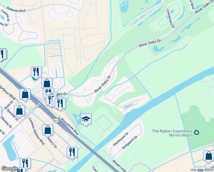 map of restaurants, bars, coffee shops, grocery stores, and more near 616 River Oaks Drive in Myrtle Beach