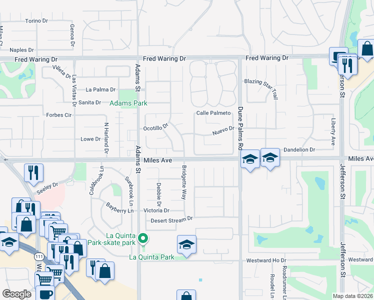 map of restaurants, bars, coffee shops, grocery stores, and more near 44920 Los Manos Drive in La Quinta