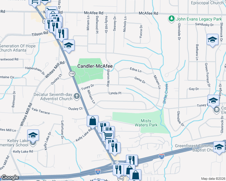 map of restaurants, bars, coffee shops, grocery stores, and more near 2861 Toney Drive in Decatur