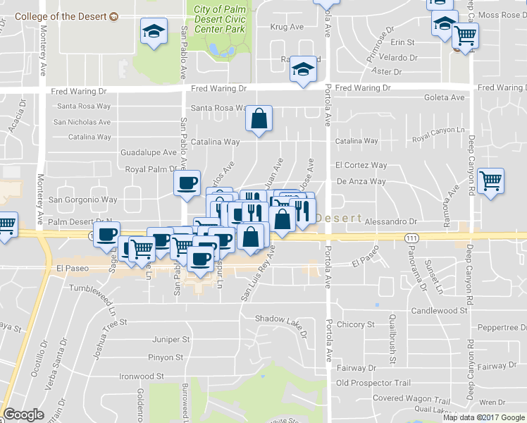 map of restaurants, bars, coffee shops, grocery stores, and more near 44858 San Juan Avenue in Palm Desert