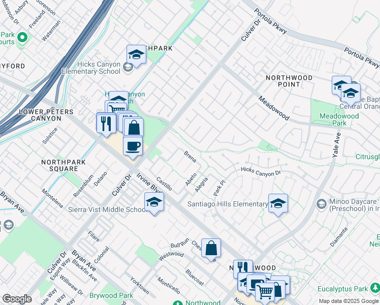map of restaurants, bars, coffee shops, grocery stores, and more near 20 Brena in Irvine