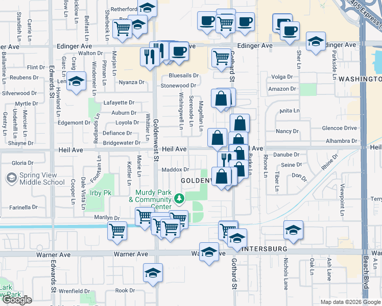 map of restaurants, bars, coffee shops, grocery stores, and more near 7161 Heil Avenue in Huntington Beach