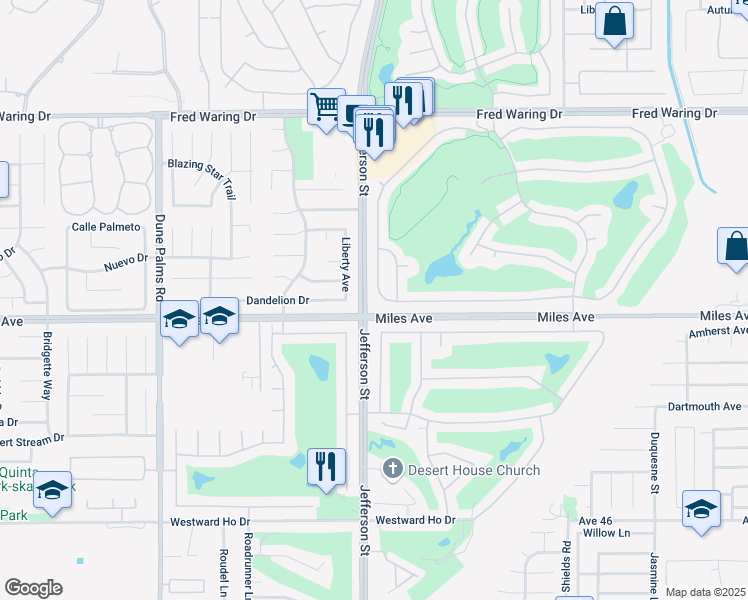 map of restaurants, bars, coffee shops, grocery stores, and more near 44125 Royal Troon Drive in Indio