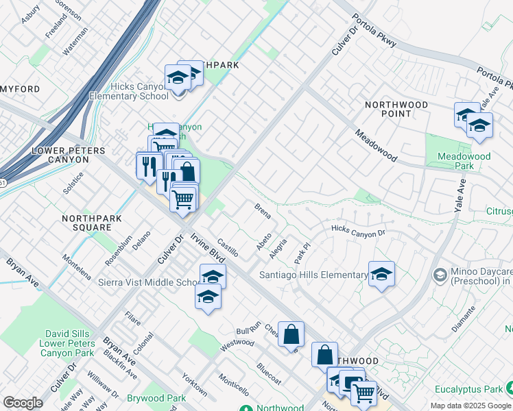 map of restaurants, bars, coffee shops, grocery stores, and more near Brena in Irvine