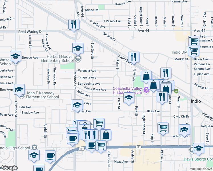 map of restaurants, bars, coffee shops, grocery stores, and more near 82324 San Jacinto Avenue in Indio